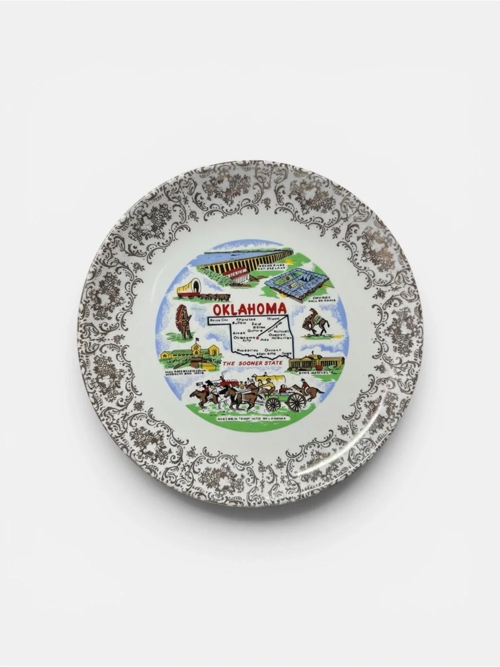 Vintage State of Oklahoma Souvenir Decorative Plate with Scenic Landmarks